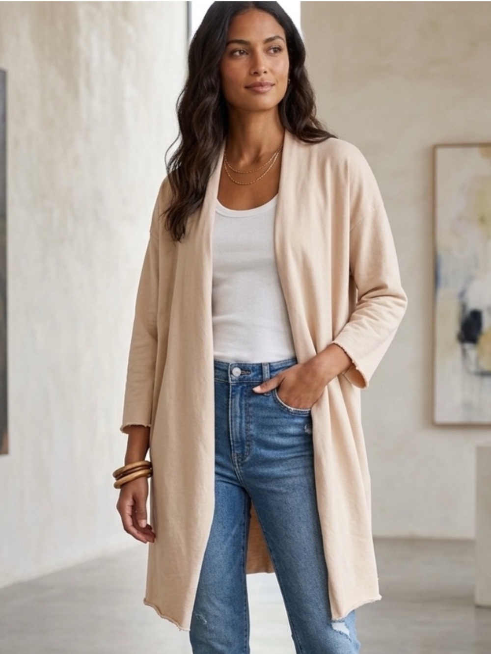 Listicle Open-Front Beige Women's Cardigan
